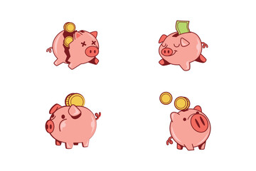 Cute Piggy Bank Character Illustration Set
