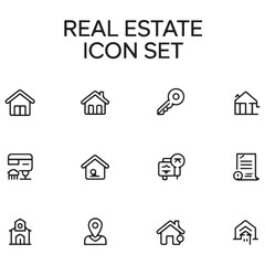 Real Estate Line black Icon Set. A comprehensive collection of stylish and professional icons designed for the real estate industry, perfect for enhancing property listings, websites,