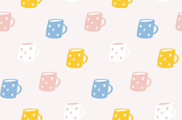 Cute ceramic cups seamless pattern, pastel pink yellow blue mugs, cafe background, coffee morning texture