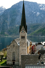 Hallstatt Austria. Historic Church Tower By Alpine Lake