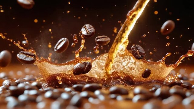 Coffee Splash: A dynamic high-angle shot captures the lively interaction of a jet of hot coffee splashing upon a bed of roasted coffee beans.