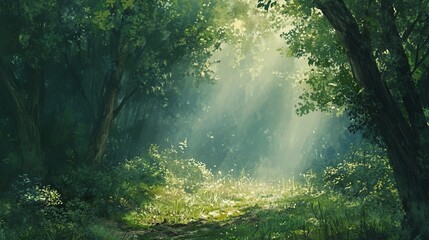 Fototapeta premium Serene forest pathway bathed in sunbeams, creating a calming natural scene