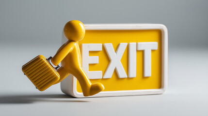 Exit Strategy: A conceptual image of an abstract person strides purposefully toward an illuminated exit sign, with an enigmatic suitcase, symbolizing departure and transition.