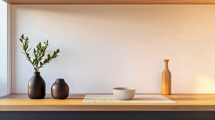 Minimalist home decor scene with vases plants bowl and wooden shelf.
