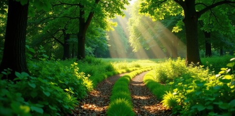 Obraz premium Sun-dappled, overgrown path contrasting with clear, well-trodden trail, path, different