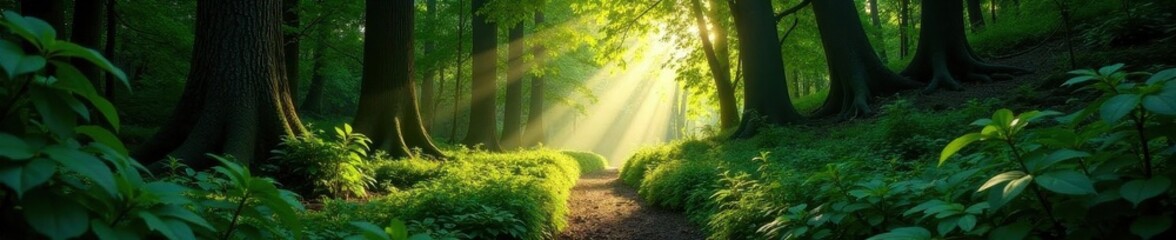 Overgrown path narrows to a sun-dappled keyhole forest opening , peaceful, tranquil