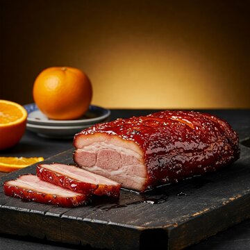 Close-up of sliced Chinese char siu pork roast on a rustic board, paired with fresh oranges and moody lighting.
