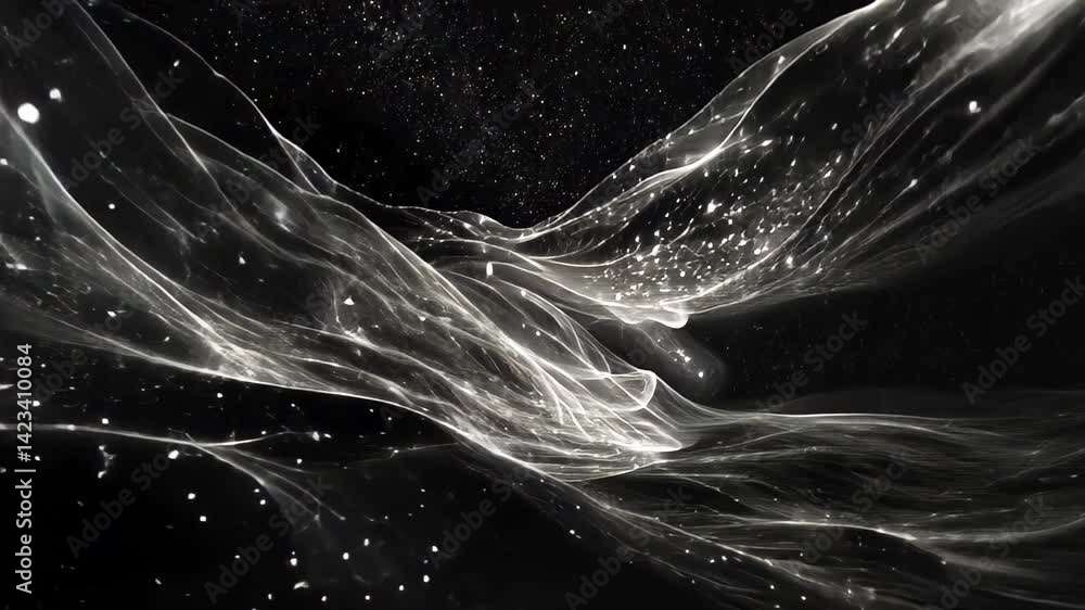 Aufkleber flowing particles create a mesmerizing dance through a cosmic landscape at twilight generative ai