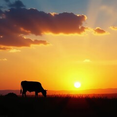 Naklejka premium Silhouette of a cow grazing in a field at sunset, sunset, cows, rural scenery