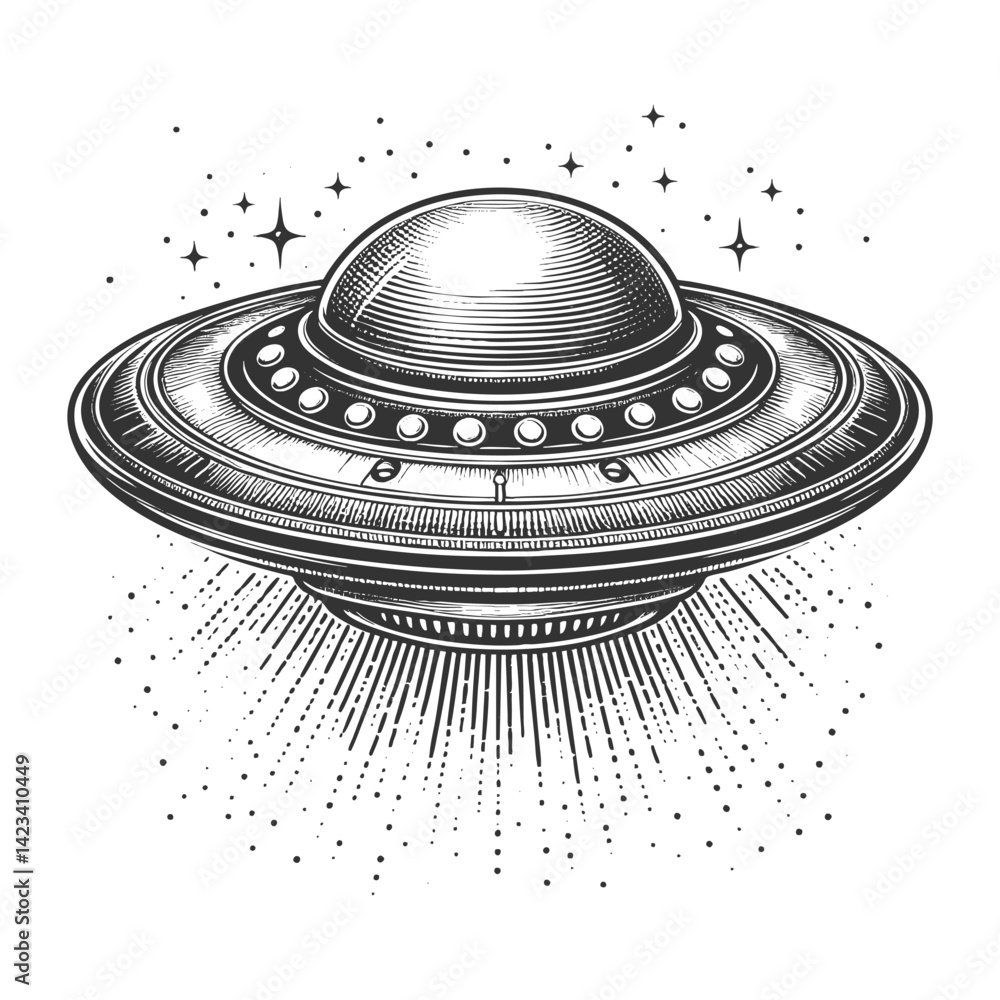 Poster ufo flying saucer emitting a powerful beam of light, blending retro sci-fi with a mysterious extrate