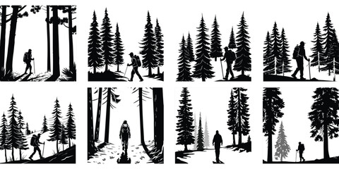 Hiker walking through tall pine trees silhouette vector illustration