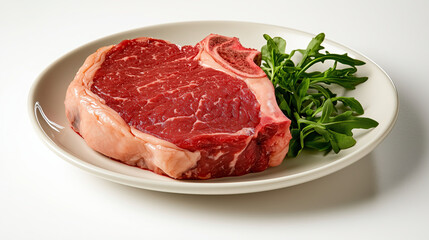 Fototapeta premium fresh, juicy ribeye steak on white plate, accompanied by vibrant arugula, showcasing its rich marbling and texture