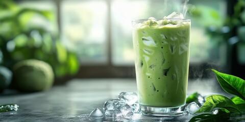 Refreshing green smoothie with ice in a glass on a rustic countertop surrounded by greenery