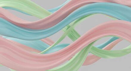 Obraz premium Woven Pastel Ribbons Abstract: Pink, Blue, Green Forms Intertwining Elegantly Against Soft Gray Background, Creating Serene Modern Flowing Design for Artistic Presentations & Creative Projects