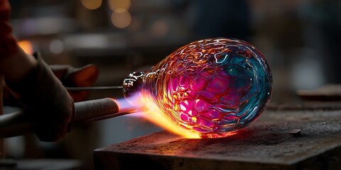 Glassblower shaping molten glass with fire and tools