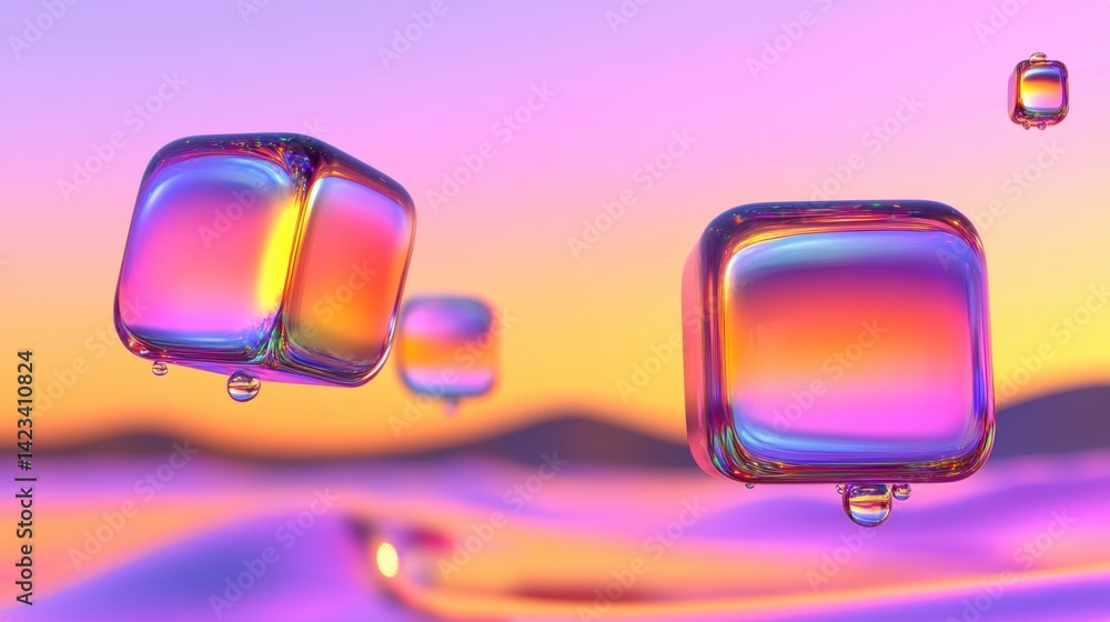 Poster three geometric cubes floating gracefully in the air against a soft background creating a modern and