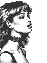 Fototapeta premium woman in profile, wearing a lace choker and exuding vintage elegance sketch engraving generative ai fictional character vector illustration. Scratch board imitation. Black and white image.