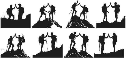 Two hikers giving a high-five on the summit silhouette vector illustration