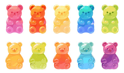 colorful gummy bears cartoon. colored marmalade set, pink red yellow green blue sweet bright fruit chewy kids dessert lollipop jelly candy vector illustration
