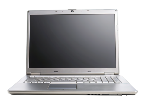 A silver laptop computer with a blank screen isolated on white background