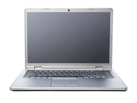Silver Laptop with Blank Screen on White Background, Front Facing View