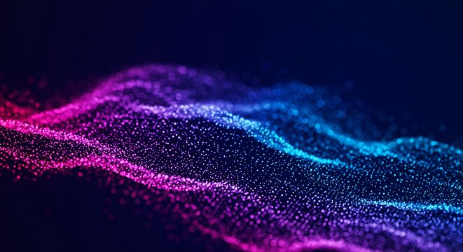 Ethereal Data Stream: Fluorescent Particles Flowing in Curvilinear Motion on Dark Background, Representing Connectivity, Innovation, and Technological Advancement for Digital Networks and Modern