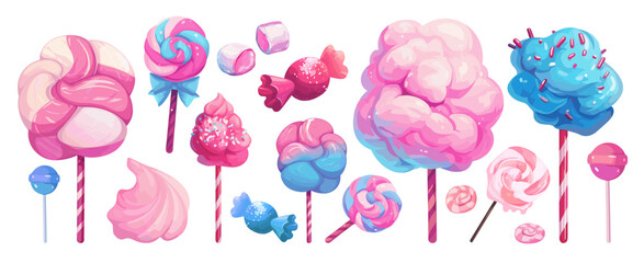 sweets cartoon set. pink blue airy cotton candy lollipop marshmallow, colorful striped spiral sugar kids dessert confectionery entertainment park vector illustration