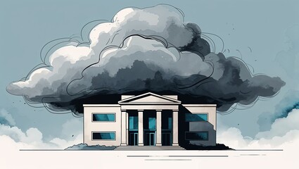 Dark clouds loom over a modern building, hinting at an approaching storm and ominous atmosphere