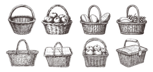 wicker baskets empy and with food. round square basket engraving monochrome, lunch shopping market apples bread grapes vintage traditional handmade item vector illustration