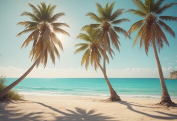Fototapeta premium Sun-drenched palm trees, soft sand, turquoise ocean, vintage film grain , sunlight, summer