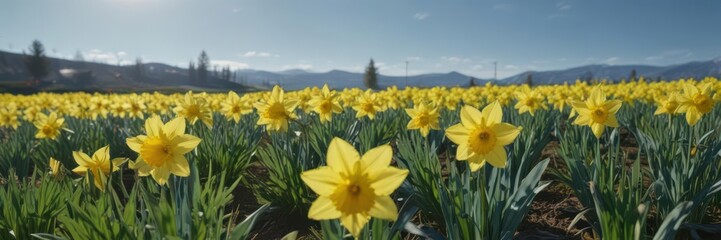 Fototapeta premium Sunny meadow, vibrant yellow daffodils bloom under clear blue sky , vibrant, meadow, scene