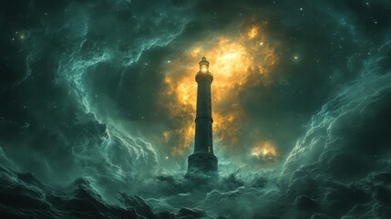 Cosmic lighthouse piercing ethereal nebulae.