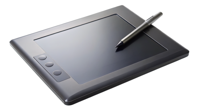 A modern gray drawing tablet and stylus pen on a white background