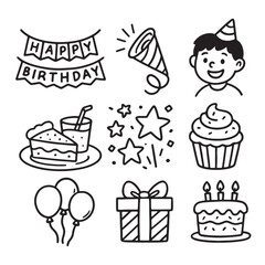Hand-Drawn Black & White Birthday Icons for Kids