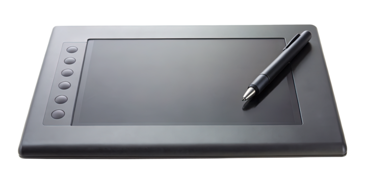 Black graphic tablet with a black pen resting on the drawing surface