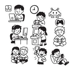 Hand-Drawn Kids Playing Video Games Icons – Black and White Line Set