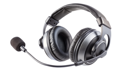 Studio Headphones with Microphone and Silver Accents on a White Background
