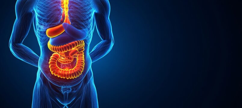 Human Digestive System Anatomy 3D Illustration on Blue Background with Highlighted Organs