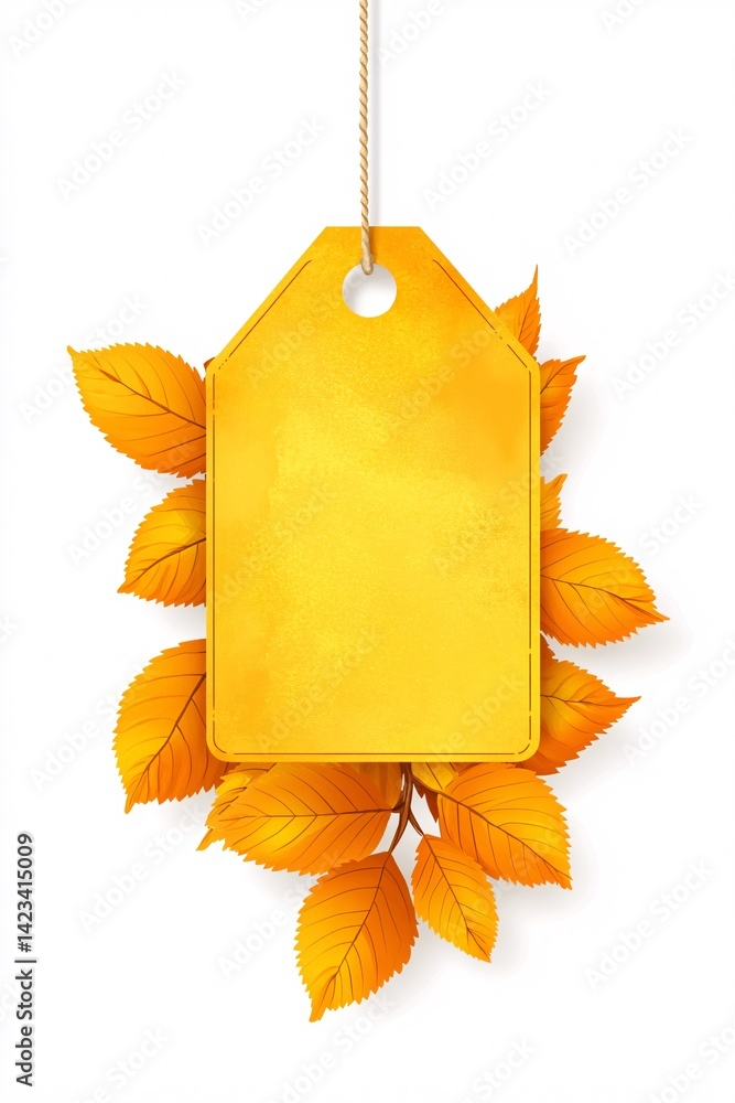Poster yellow price tag hanging on string surrounded by autumn leaves