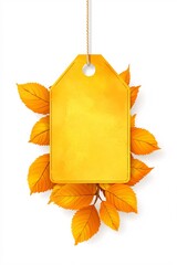 Yellow price tag hanging on string surrounded by autumn leaves