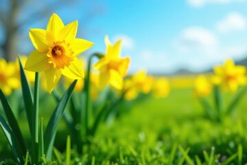 Vibrant yellow daffodil flowers bloom in a lush green field under clear blue sky, field, landscape, yellow