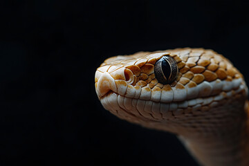 Obraz premium Detailed Close-Up of a Striking Snake With Intricate Scales Against a Dark Background
