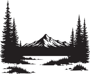 Fototapeta premium Adventure Mountain Biking Silhouettes with Pine Forest and Alpine Scenery