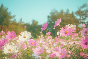 Fototapeta premium Pink and white cosmos flowers in full bloom, wide shot, on the right side of the frame, a field of flowers with trees behind, a blue sky, a sunny day, soft focus, vintage style, pastel color palette.