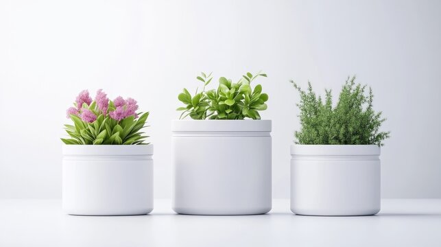 Three potted plants minimalist style, high-quality studio lighting, centered group shot, smooth textures, thriving greenery, bright white background, clean airy mood, perfect for home decor ads