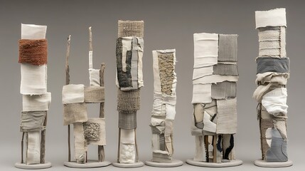 Conceptual textile art sculptures showcasing textures and earth tones