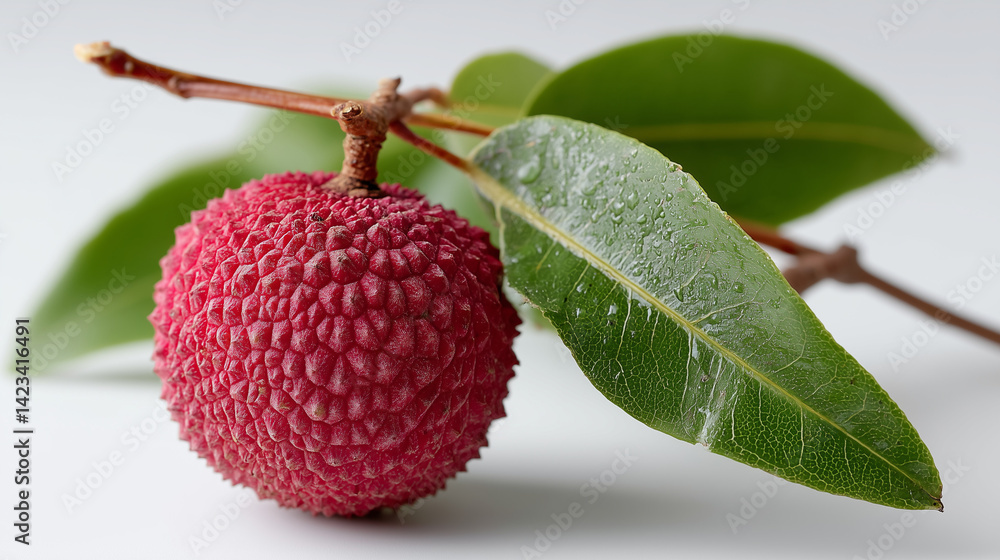 Poster lychee on branch: a single ripe lychee fruit hangs from a branch with vibrant green leaves, showcasi