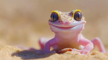 Adorable Smiling Gecko Close-Up on Sand with Worm &ndash; Macro Nature Photography, Macro Smiling Leopard Gecko