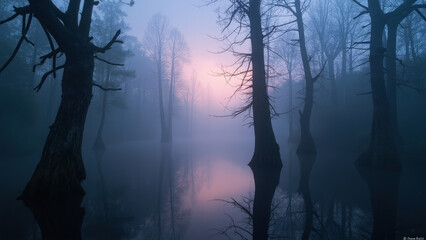 Obraz premium Misty forest lake scenic view, tranquil water reflection. The atmospheric nature in an ethereal and foggy. 