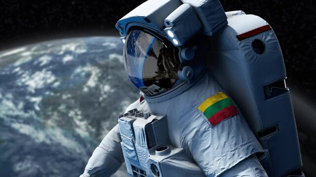 Lithuania Astronaut with arm patch flag floating through space. Space program. Spaceman. Earth in background. The country showing national pride. 